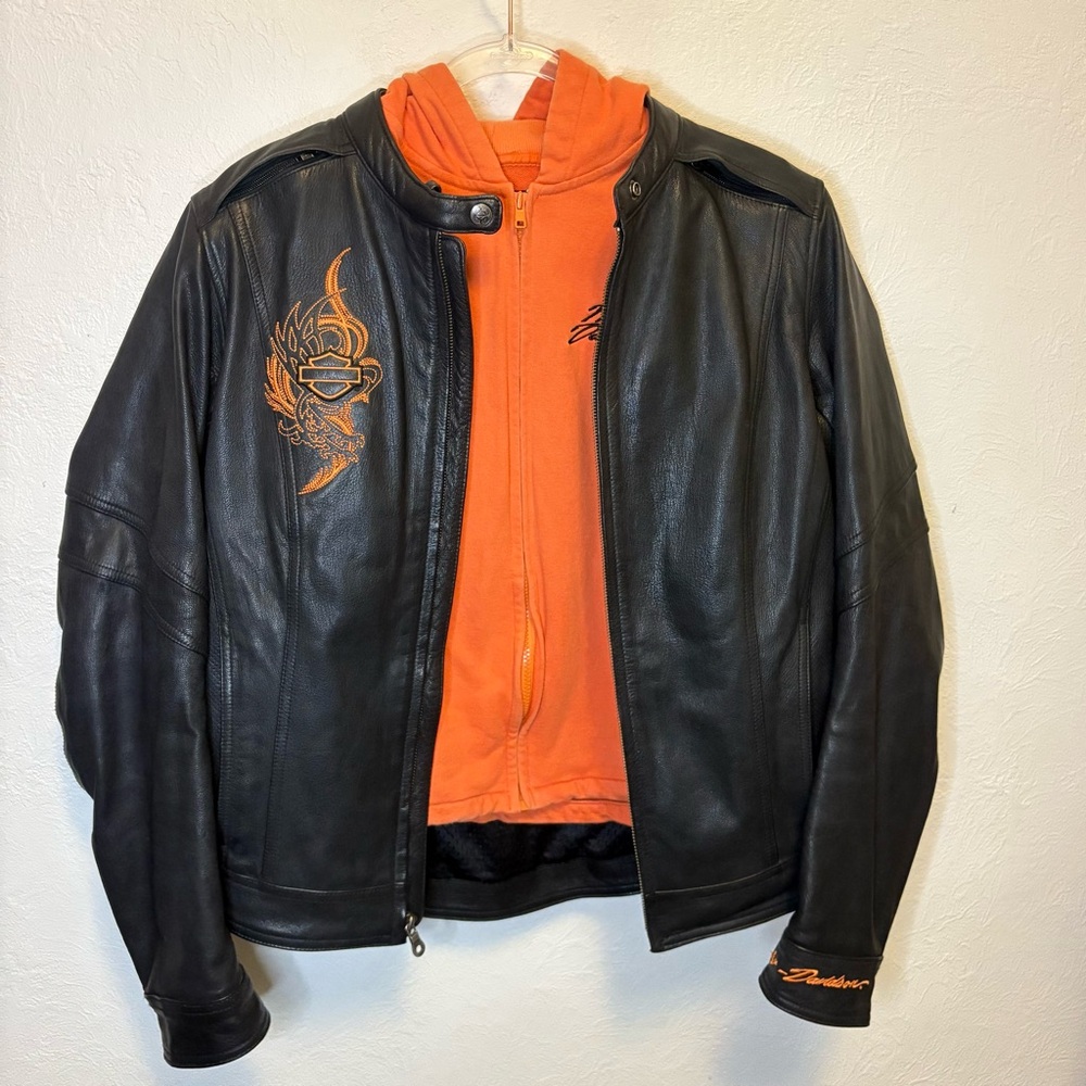 Women's Harley-Davidson Black Leather Jacket with Orange Liner and Hood Size XL